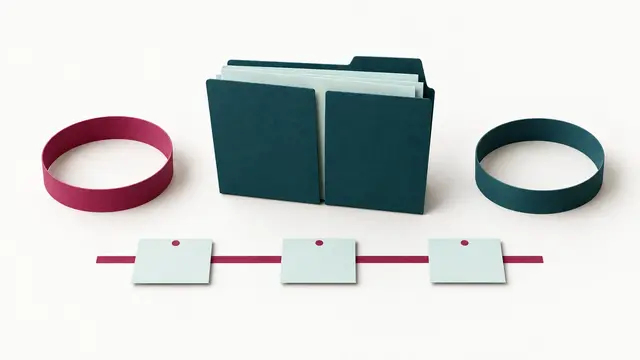 Two separate rings beside a divided folder and three chronology cards along a line.