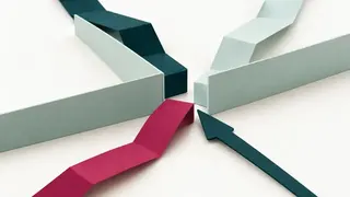 Three folded paper routes meet narrow gates and divider cards beside a pointer.
