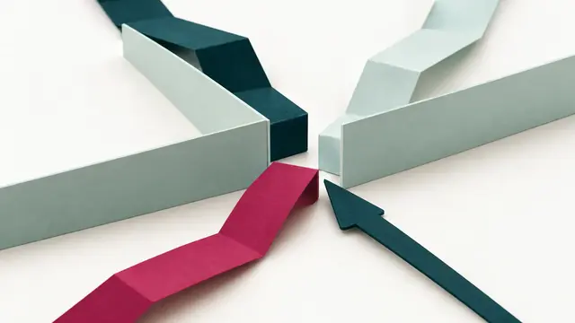 Three folded paper routes meet narrow gates and divider cards beside a pointer.
