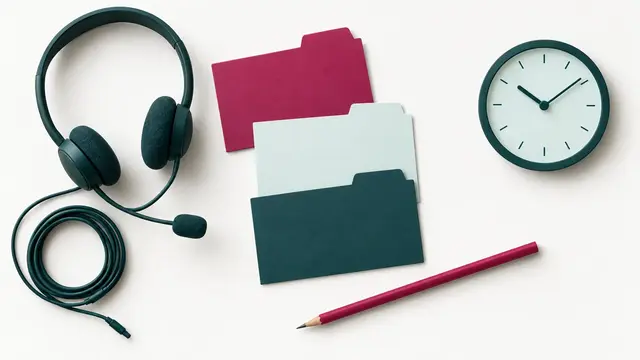 A telephone headset, three blank tabbed cards, a pencil and a small clock arranged for consultation preparation.