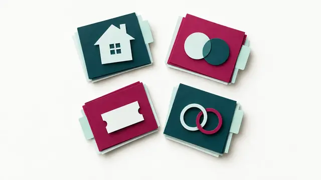 Four tabbed evidence bundles paired with a house, joined circles, a ticket and rings.