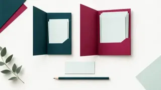 Two open document folios with different card bundles, a blank quote card and a pencil.