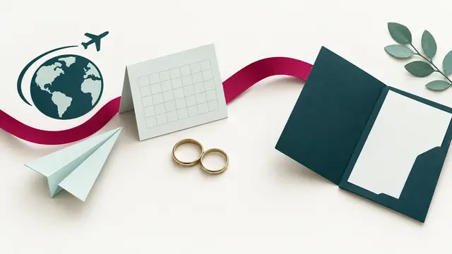 Plain rings, a blank calendar, a paper plane and an open folder beside a travel ribbon.