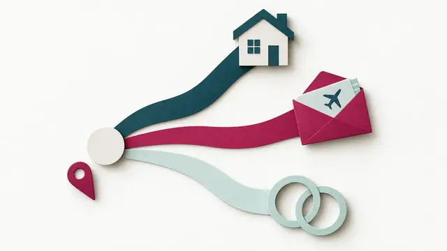 Three paper pathways lead from one starting disc to a house, a travel envelope and a pair of rings.