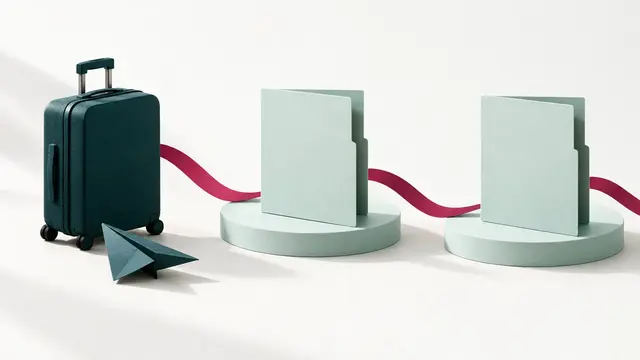 A suitcase and paper plane beside two document folders linked by a curved ribbon.