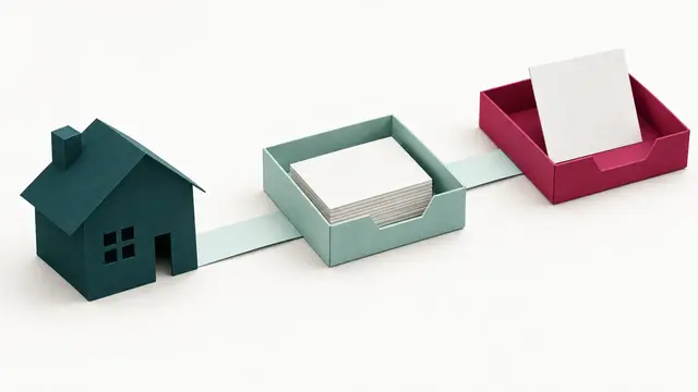 A paper house connected to two sequential document trays containing blank cards.