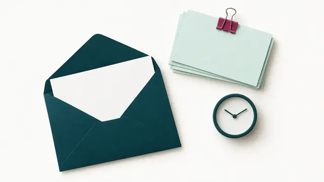 An open envelope, a clipped blank response bundle and a small clock.
