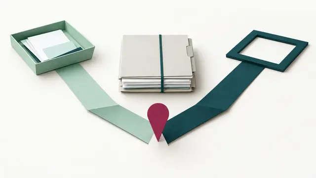 A document bundle at a fork leading towards an evidence tray and an empty frame.