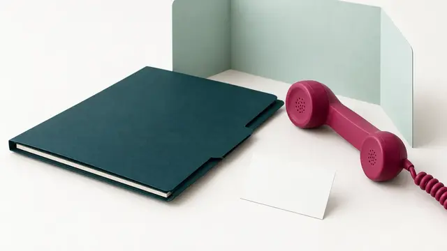 A closed folder, privacy screen, telephone handset and blank appointment card.